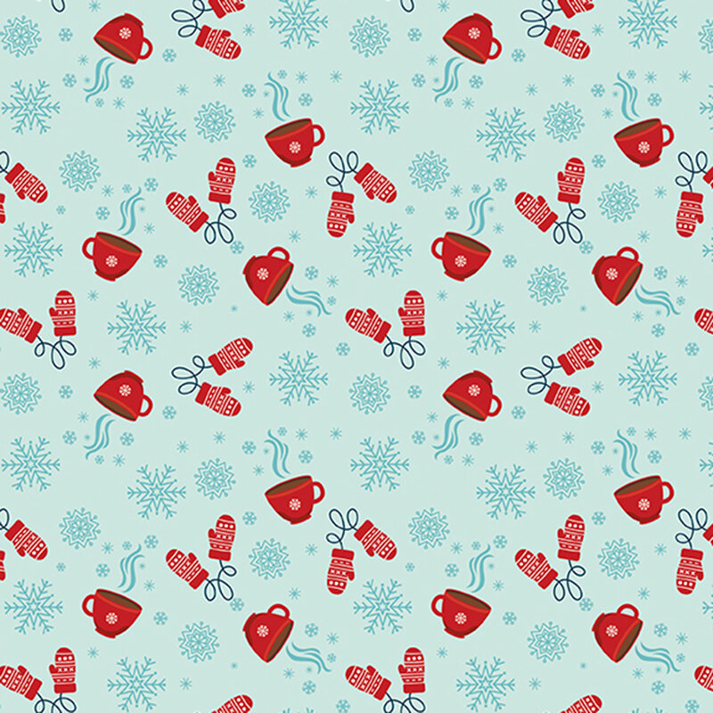 Aqua fabric with a novelty pattern of snowflakes, hot chocolate, and mittens.