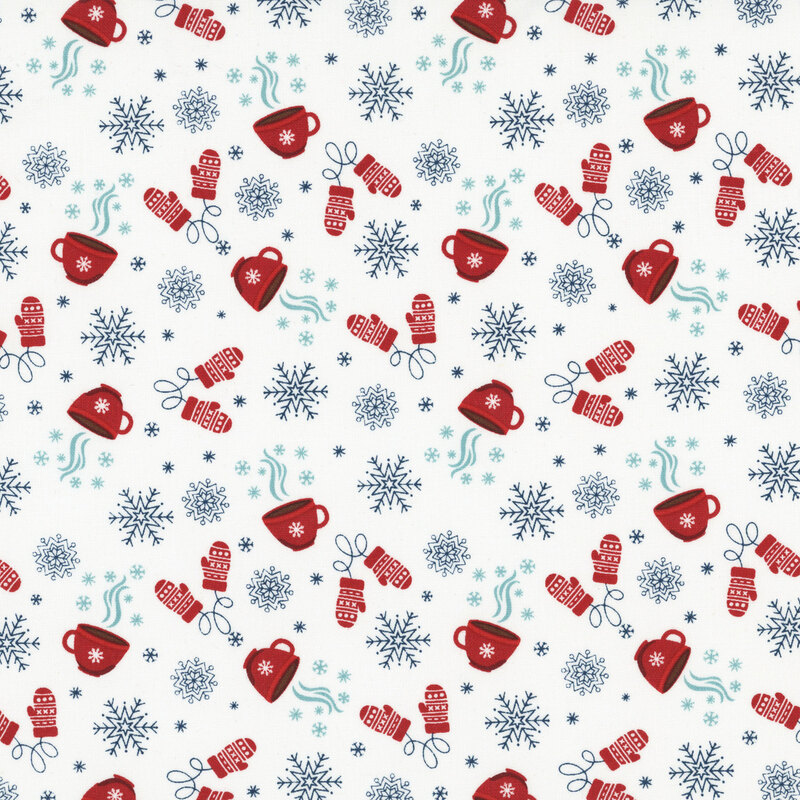 White fabric with a novelty pattern of snowflakes, hot chocolate, and mittens.