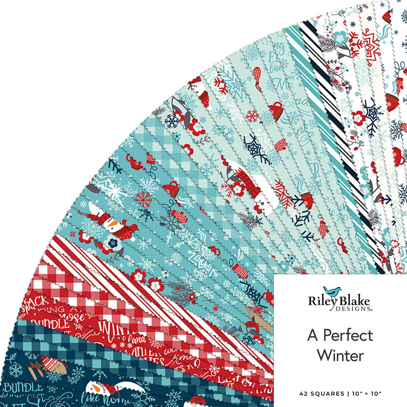 Fabric swatches in winter-themed patterns, featuring red, teal, and white designs from Riley Blake.