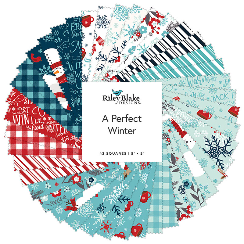 Circular arrangement of fabric squares labeled A Perfect Winter in various winter-themed patterns and colors.