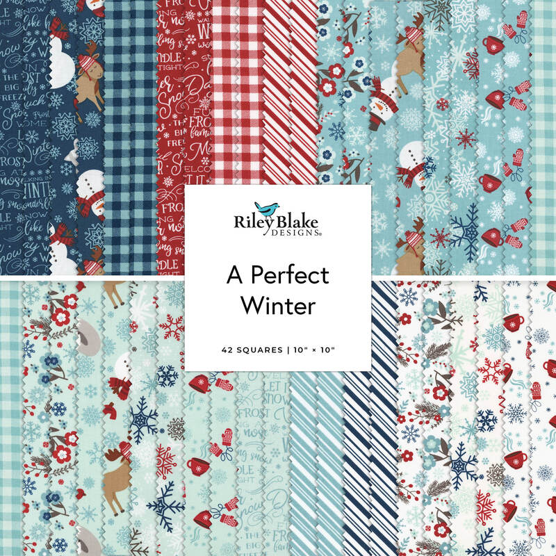 A collection of patterned fabric squares featuring winter themes, including snowflakes and snowmen.