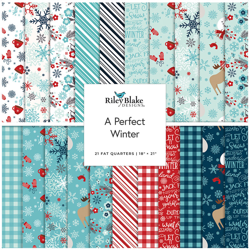 Patterned fabric squares with winter themes, featuring snowflakes, deer, and holiday motifs.