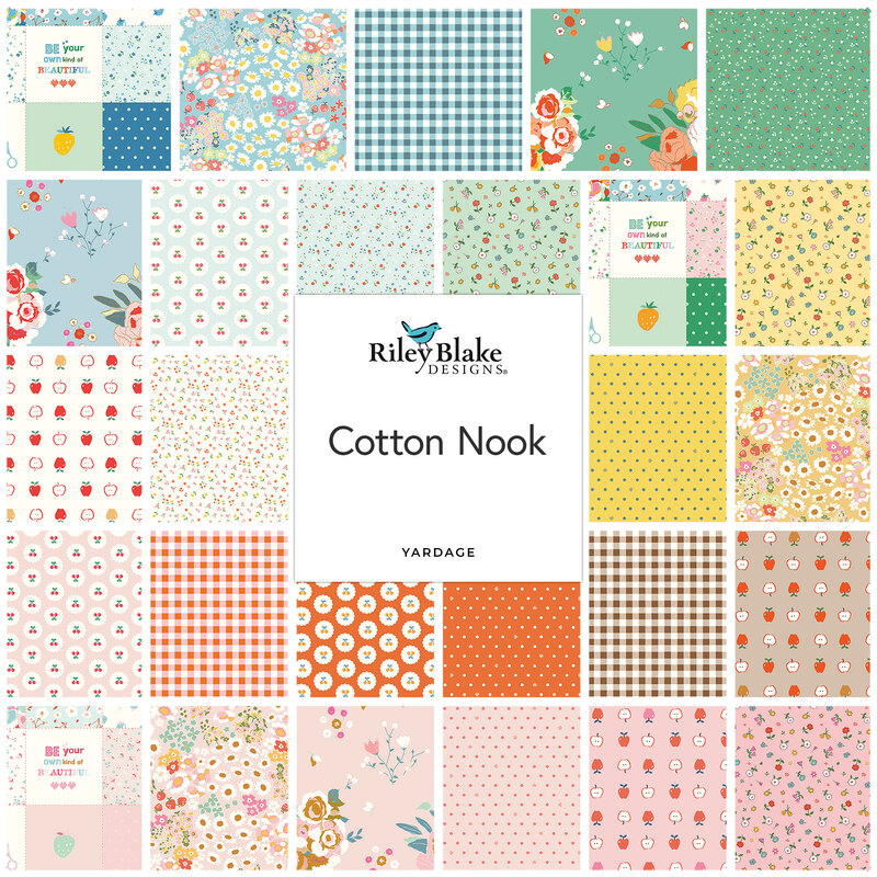 A grid collage of bright fabrics included in the Cotton Nook fabric collection from Riley Blake Designs.