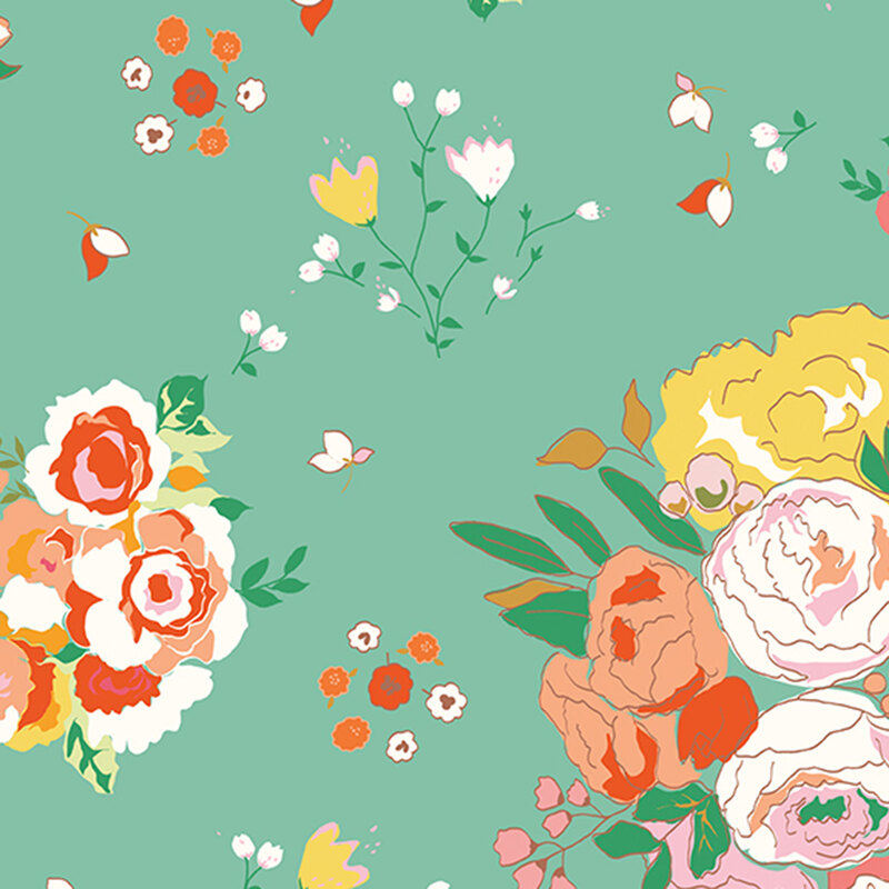 Teal fabric with white, yellow, red, and pink flowers in varying sizes.