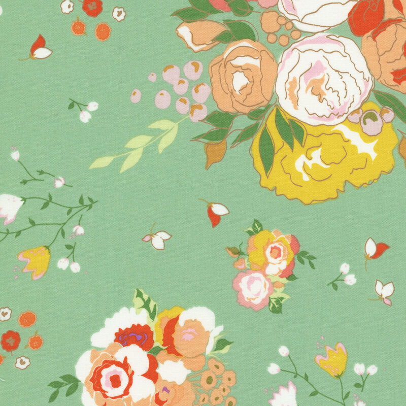 Seafoam green fabric with white, yellow, red, and pink flowers in varying sizes.