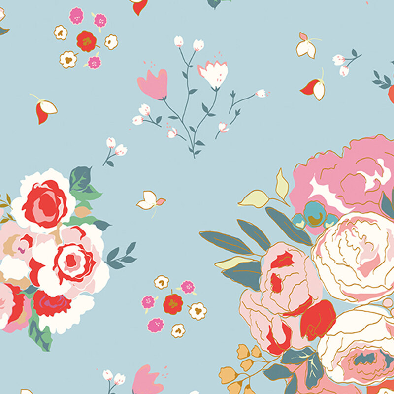A pastel blue fabric with pink, white, blue, and red flowers in varying sizes.