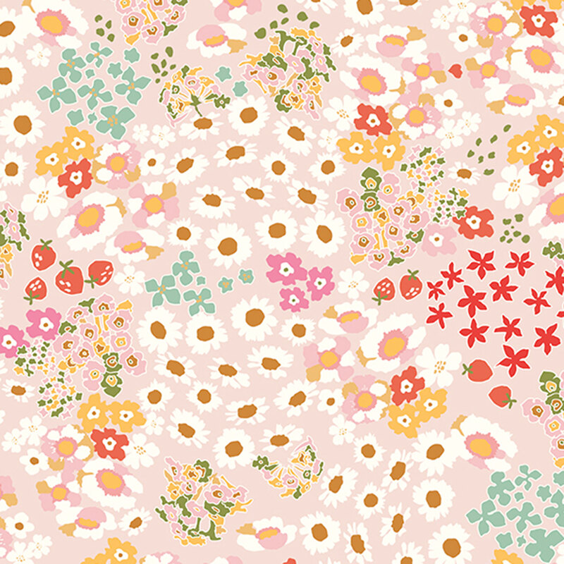 Pastel pink fabric with scattered colorful small flowers.