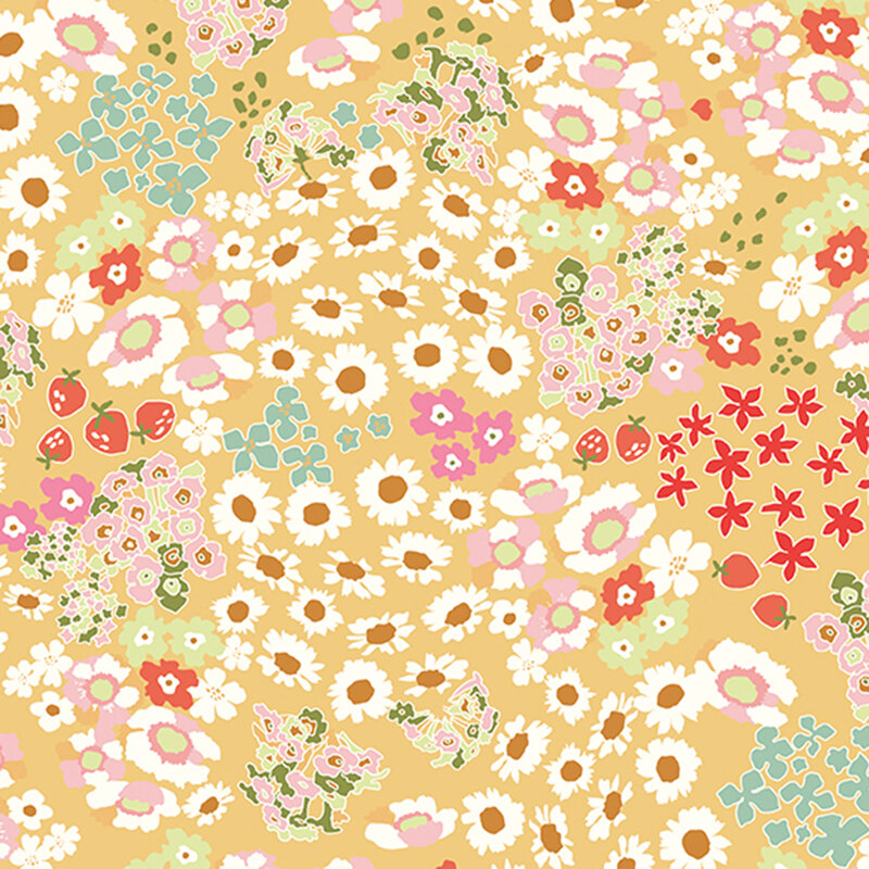 Golden yellow fabric with scattered colorful small flowers.