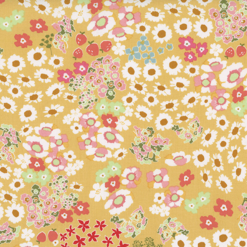 Golden yellow fabric with scattered colorful small flowers.