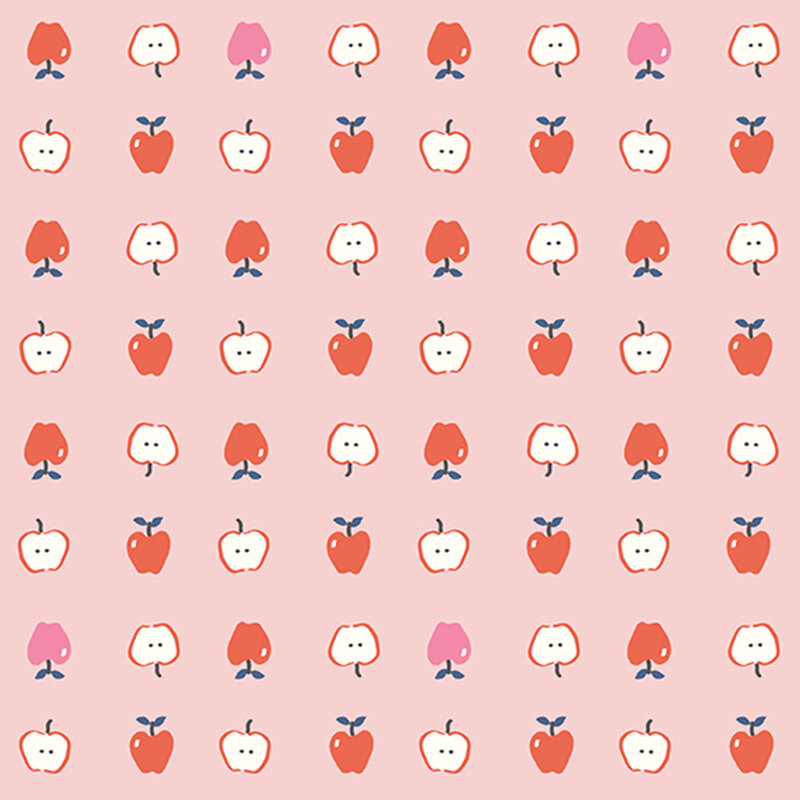 Light pink fabric with neat rows of red and pink apples both full and cut in half.