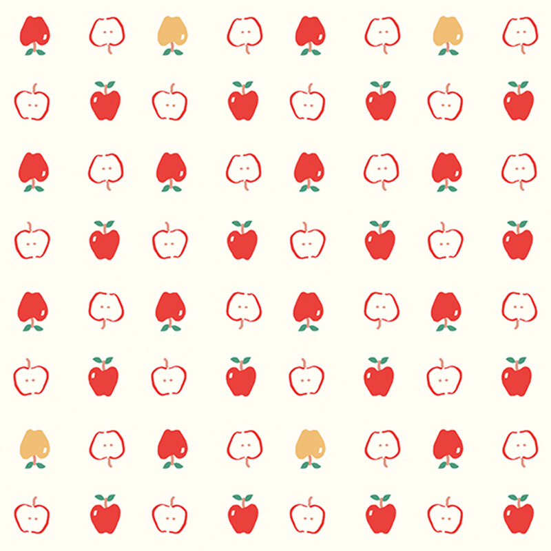 Off-white fabric with neat rows of red and gold apples both full and cut in half.