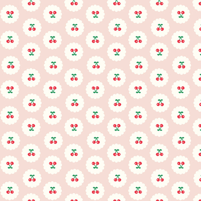 Pastel pink fabric with neat rows of upright and upside-down pairs of cherries on small white scalloped circles.