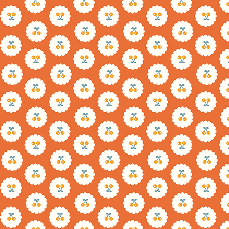 Bright orange fabric with neat rows of upright and upside-down pairs of cherries on small white scalloped circles.