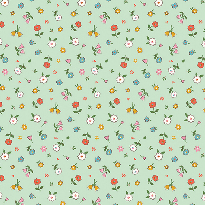 Mint green fabric with small-scale, tossed florals of varying types.