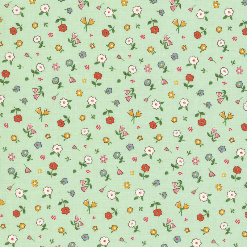 Mint green fabric with small-scale, tossed florals of varying types.