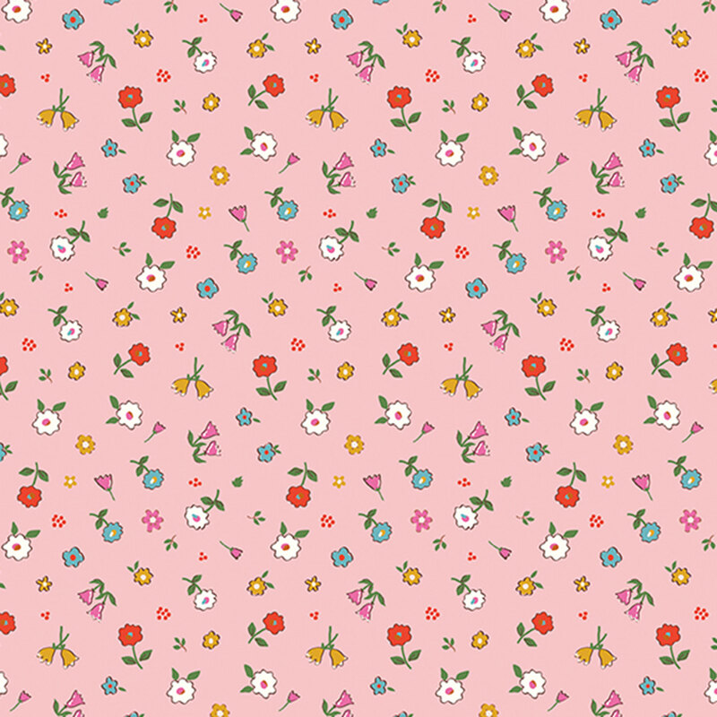 Pink fabric with small-scale, tossed florals of varying types.