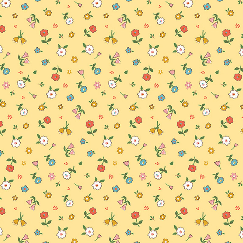 Sunshine yellow fabric with small-scale, tossed florals of varying types.