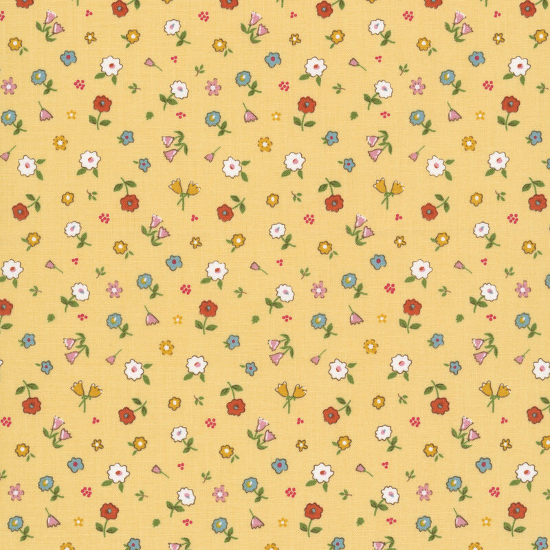 Sunshine yellow fabric with small-scale, tossed florals of varying types.