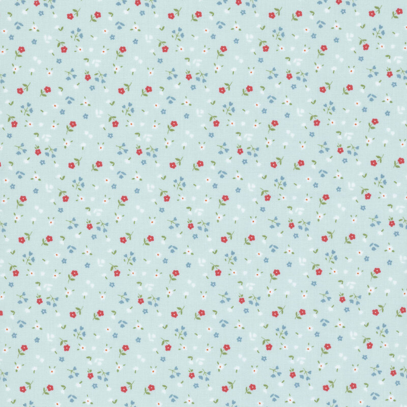 Ice blue fabric with small-scale tossed florals of varying types.