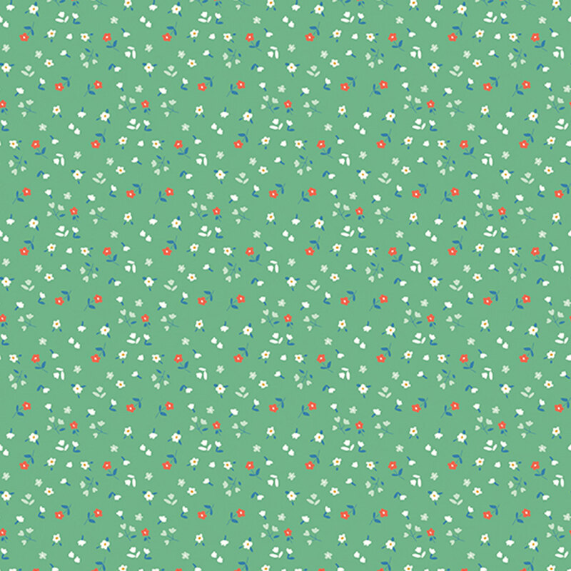 Teal fabric with small-scale tossed florals of varying types.