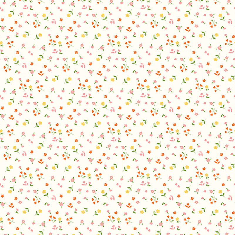 Off-white fabric with small-scale tossed florals of varying types.
