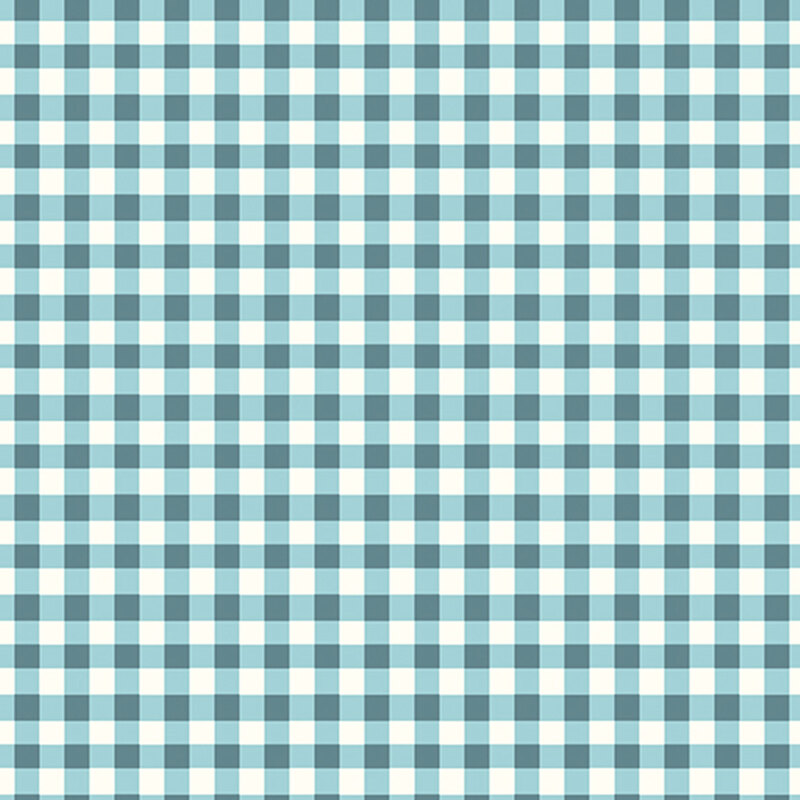 Gingham fabric with white and blue-teal squares.