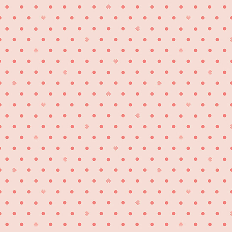 Pastel pink fabric with neat rows of polka dots and rotating pixellated hearts.