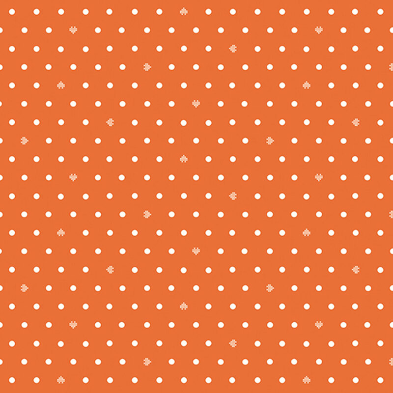 Bright orange fabric with neat rows of polka dots and rotating pixellated hearts.