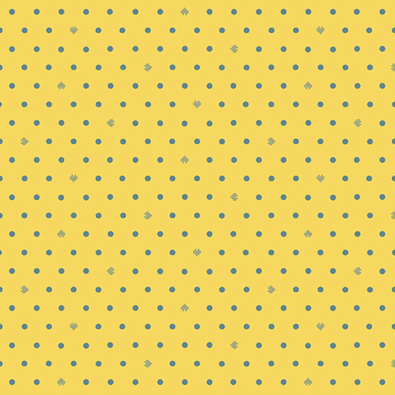 Bright yellow fabric with neat rows of teal polka dots and rotating pixellated hearts.