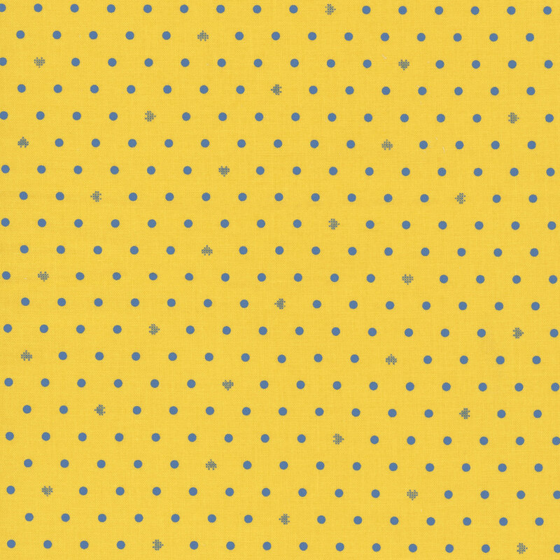 Bright yellow fabric with neat rows of teal polka dots and rotating pixellated hearts.