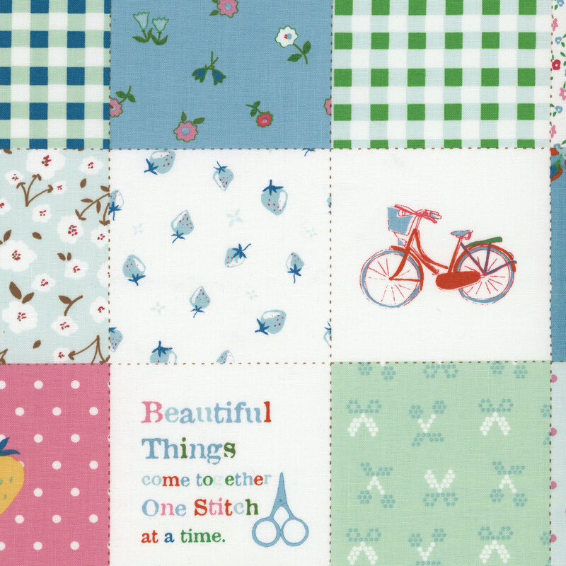 An 8x8 swatch of a multicolored patchwork print featuring fabrics from the Cotton Nook collection by Riley Blake Designs and various encouraging phrases.