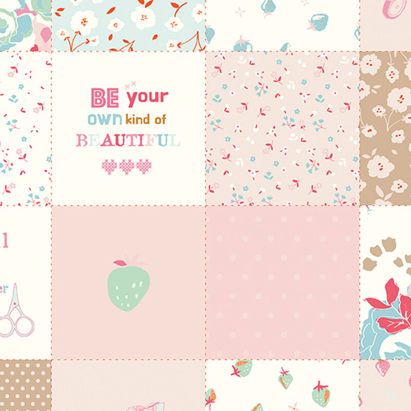 An 8x8 swatch of a pastel, multicolored patchwork print featuring fabrics from the Cotton Nook collection by Riley Blake Designs and various encouraging phrases.
