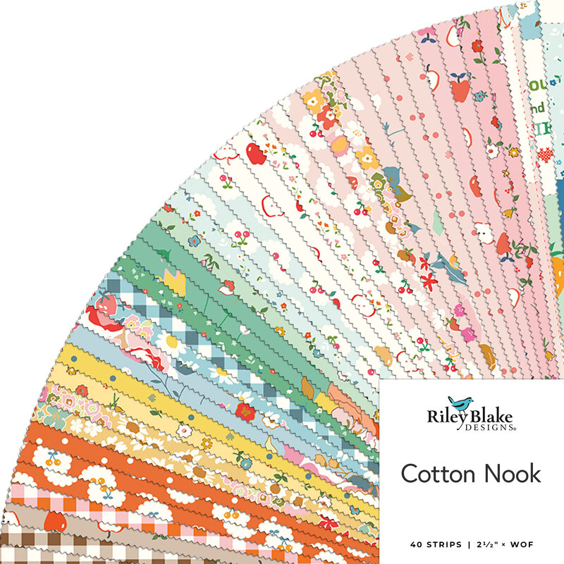 A fanned collage of bright fabrics included in the Cotton Nook 2-1/2
