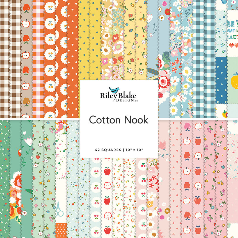A stacked collage of bright fabrics included in the Cotton Nook 10