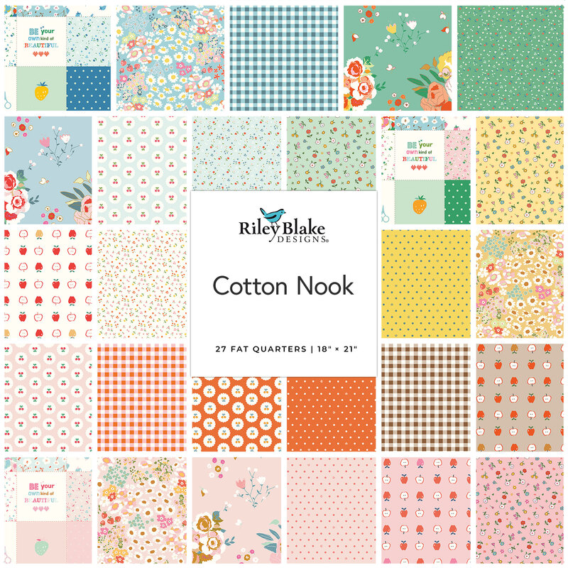 A grid collage of bright fabrics included in the Cotton Nook Fat Quarter Set from Riley Blake Designs.