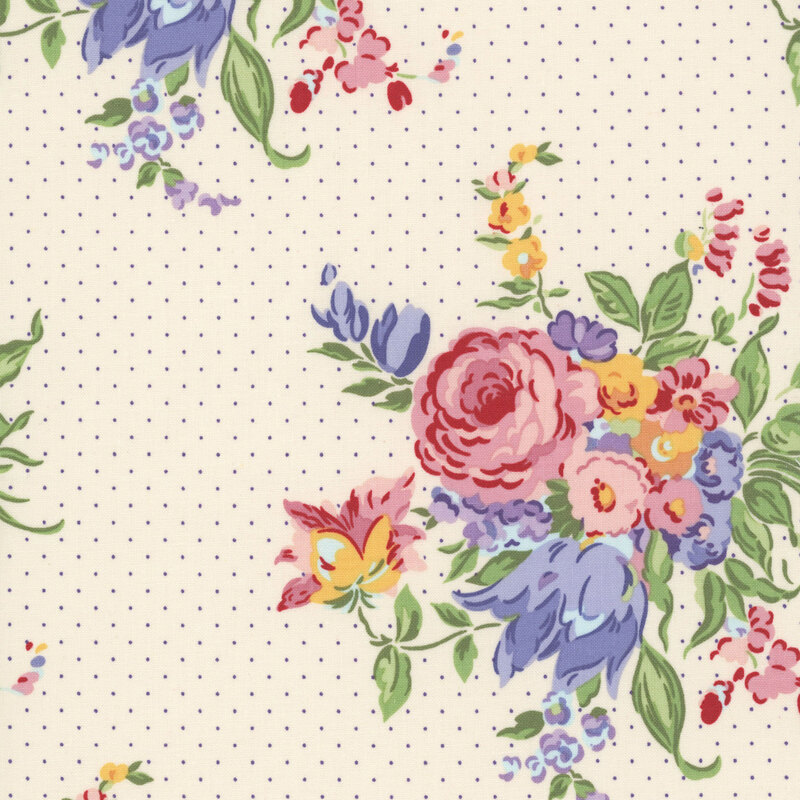 Dotted white fabric with clusters of giant pink, purple, and yellow bouquets.