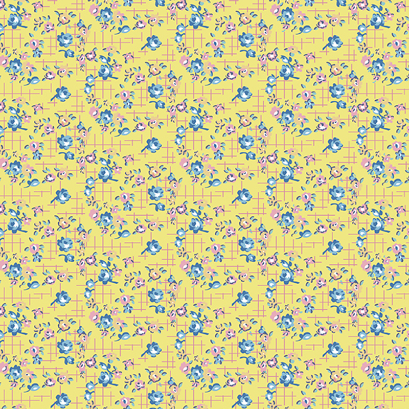 Canary yellow fabric with small blue, red, and yellow roses on a pink cross-hatched background.