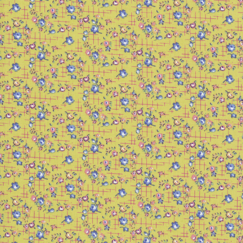 Olive green fabric with small roses on a cross-hatched background.