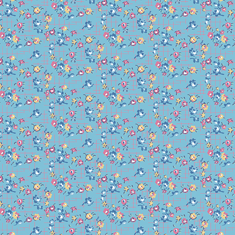 Light blue fabric with small blue, red, and yellow roses on a pink cross-hatched background.