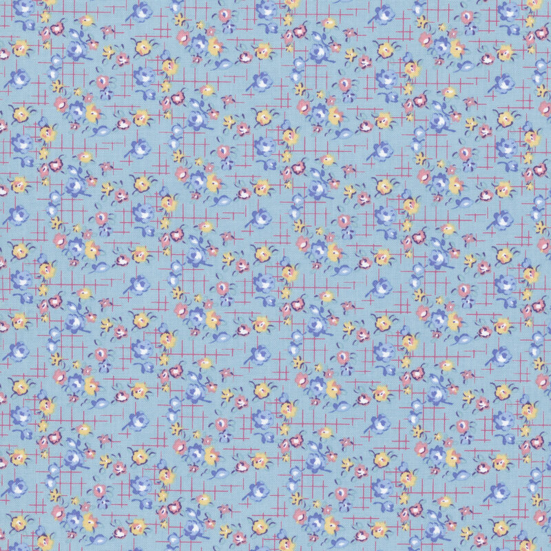 Light blue fabric with small blue, red, and yellow roses on a pink cross-hatched background.