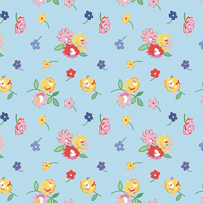 Light blue fabric with tossed red, pink, yellow, and blue florals.
