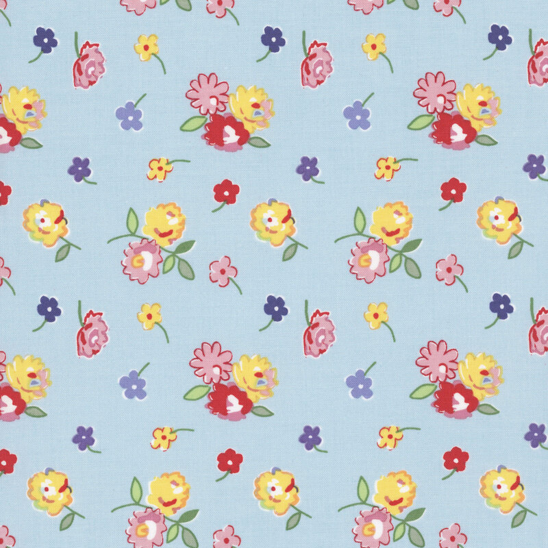 Light blue fabric with tossed red, pink, yellow, and blue florals.
