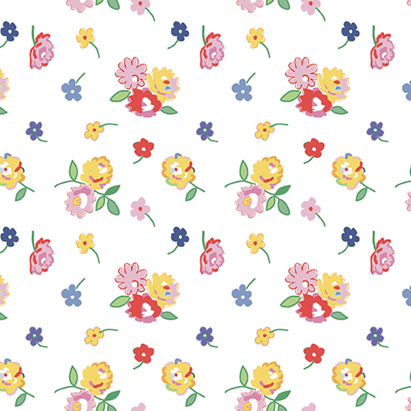 White fabric with tossed red, pink, yellow, and blue florals.