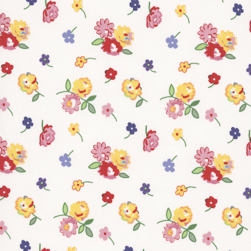 White fabric with tossed red, pink, yellow, and blue florals.