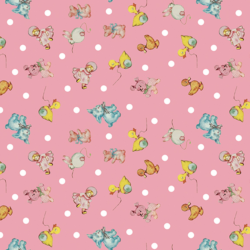 Pink fabric with white polka dots and tossed duck pull toys, dolls, plush dogs, and baby ducks.