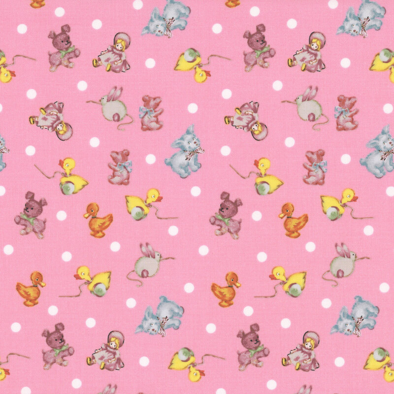 Pink fabric with white polka dots and tossed duck pull toys, dolls, plush dogs, and baby ducks.