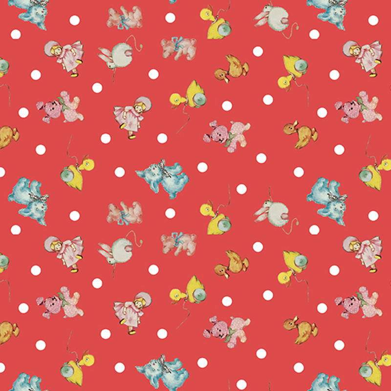 Red fabric with white polka dots and tossed duck pull toys, dolls, plush dogs, and baby ducks.