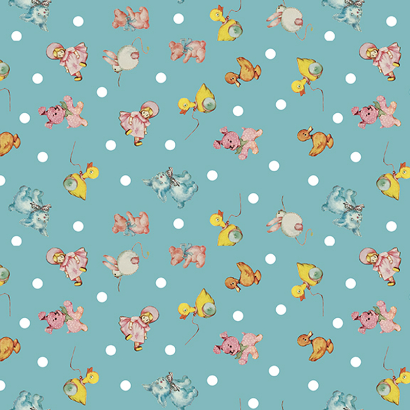 Teal fabric with white polka dots and tossed duck pull toys, dolls, plush dogs, and baby ducks.