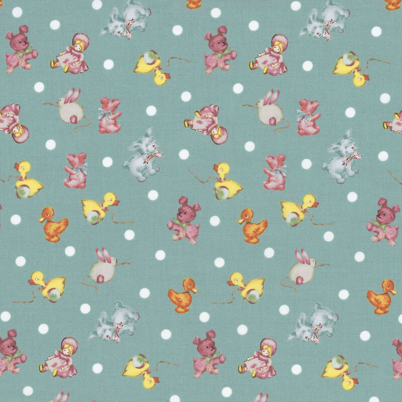 Teal fabric with white polka dots and tossed duck pull toys, dolls, plush dogs, and baby ducks.