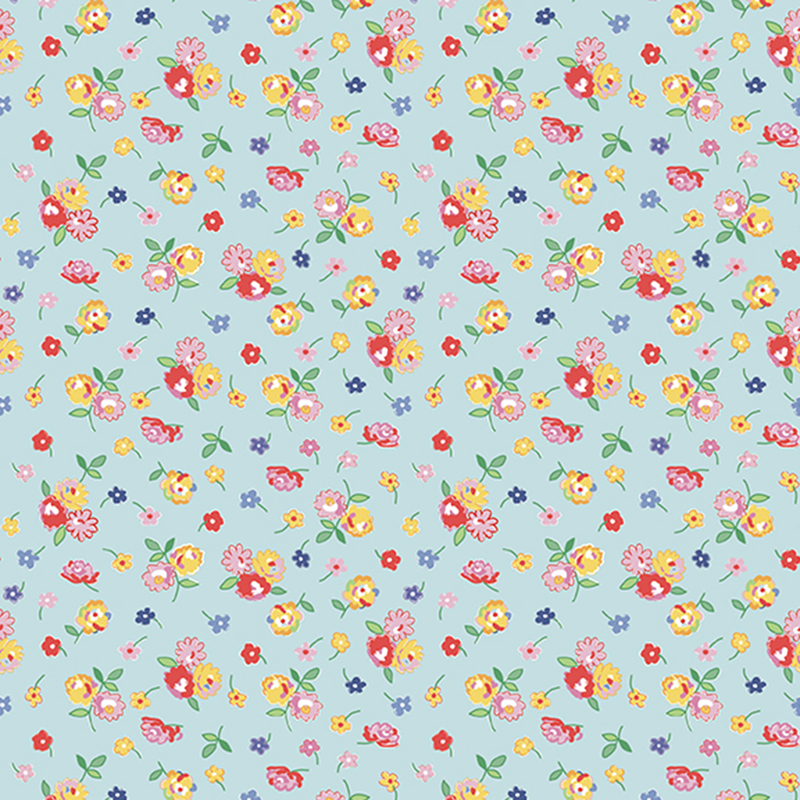 Light blue fabric with small clusters of red, pink, blue, and yellow flowers.